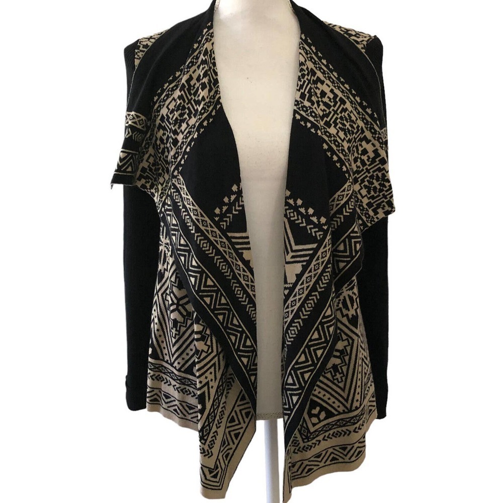 Lucky Brand Women’s Size Small Open Front Cardigan Black Tan Sweater